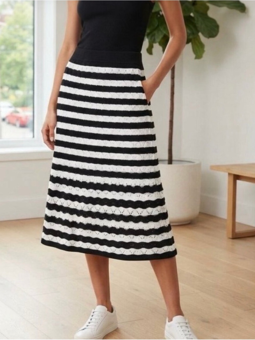 Talbots NWT Black & White Striped Crochet Knit Midi A-Line Skirt Coastal Cotton